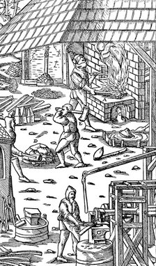 Smelting iron and hammering bars with a mechanical hammer, 1556. Artist: Unknown