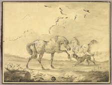 Two Horses Fighting Dog, n.d. Creator: Johann Georg Pforr.