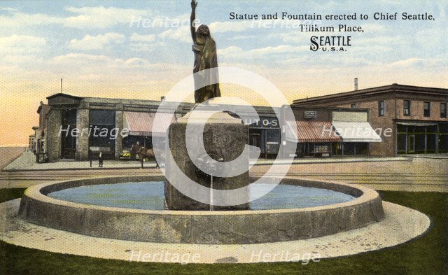 Statue and fountain dedicated to Chief Seattle, Tilikum Place, Seattle, Washington, USA, 1913. Artist: Unknown