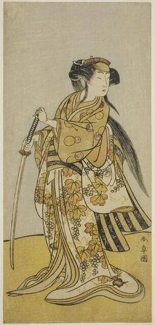 The Actor Onoe Tamizo I as Kureha (?) in the Play Shusse Taiheiki (?), Performed at the..., c. 1775. Creator: Shunsho.