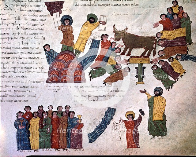 Adoration of the Golden Calf, miniature in a Mozarabic bible from 10th century.