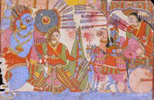 Vrishaketu and Bhima Fighting Yavanatha, Scene from the Story of Babhruvahana..., c1850. Creator: Unknown.