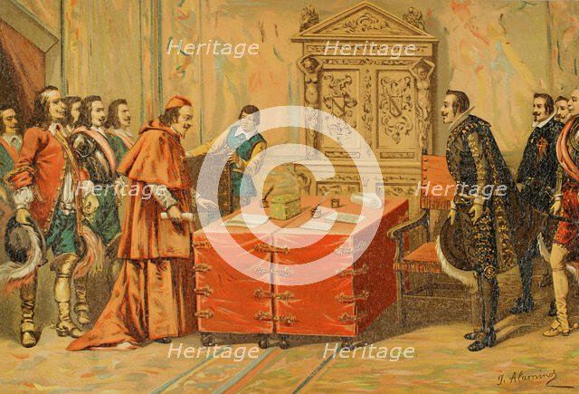 Conferences on Pheasant Island held between Luis Méndez de Haro...and Cardinal Mazarin...1890.  Creator: Juan Alaminos.