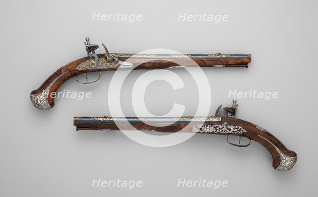 Pair of Flintlock Pistolsof Count Heinrich von Brühl (1700-1763), French, Paris, ca. 1740. Creators: Adrien Reynier, Charles Reynier.