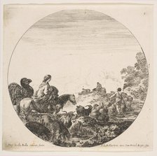 Plate 5: a woman carrying a child on a horse at left, a camel following her, a herd of..., ca. 1646. Creator: Stefano della Bella.