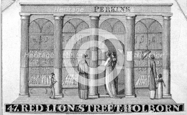 Shop front of Perkins ladies' shoe shop at 47 Red Lion Street, Holborn, London, c1820.    Artist: Anon