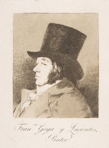 Plate 1 from 'Los Caprichos': Self-portrait of Goya ( Franco. Goya e Lucientes, Pintor), 1799. Creator: Francisco Goya.