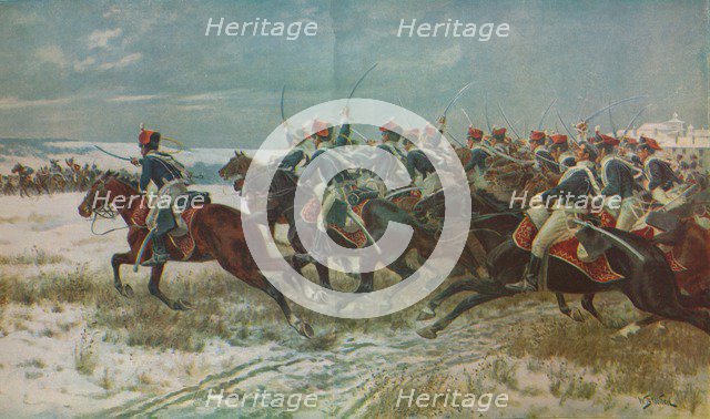 'The Charge of the 10th Hussars at Benevente (Corunna Campaign), 1809', c1915 (1928). Artist: William Barnes Wollen.