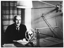Ernest Rutherford broadcasting during a home visit to New Zealand in 1926.   Artist: Anon