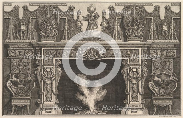Bird in shell at the center of the lintel, with a frieze of trophies, surmounted by an..., 1769 (?). Creator: Giovanni Battista Piranesi.