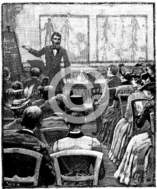 Lecture on physiology and hygiene at the YMCA, 1887. Artist: Unknown