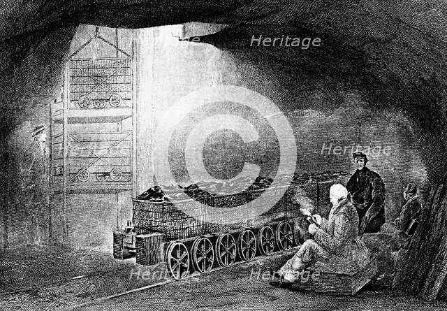 Bottom of a pit shaft in a coal mine with a train of loaded wagons, 1860. Artist: Unknown