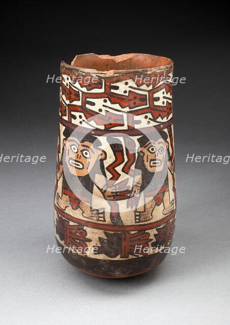 Beaker Depicting Rows of Figures Holdings Staffs or Plants with Geometric Motifs, 180 B.C./A.D. 500. Creator: Unknown.