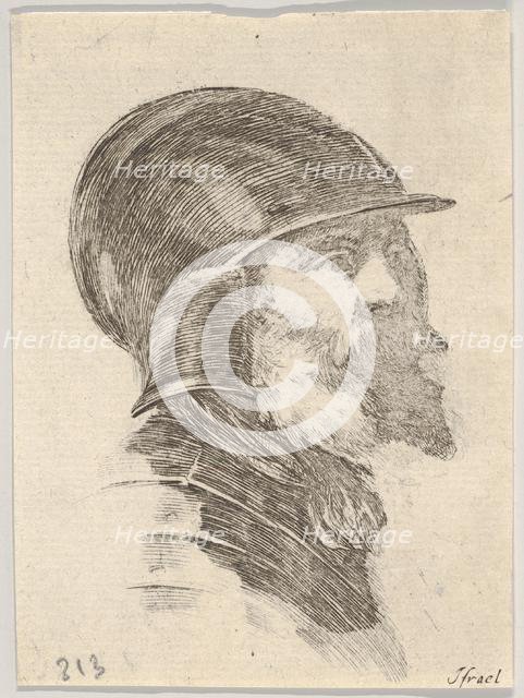 Plate 6: head of an old bearded soldier wearing a helmet facing right, from 'Various heads..., 1650. Creator: Stefano della Bella.