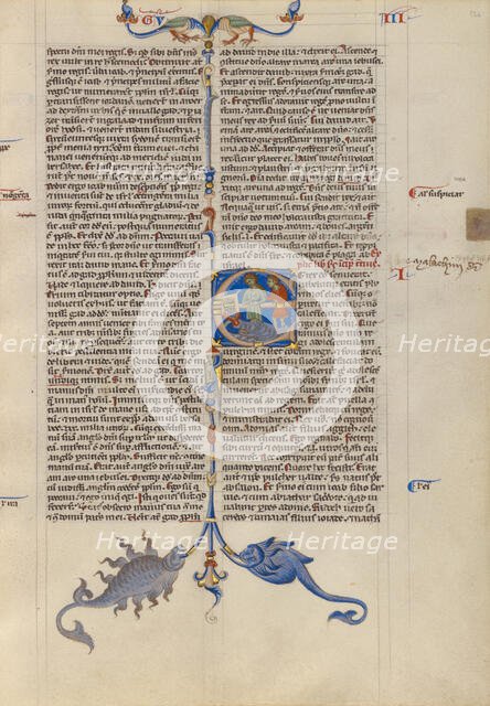 Initial E: Abishag before David on His Deathbed; Abbey Bible, about 1250-1262. Creator: Unknown.