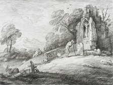 A Churchyard with Ruined Tower Among Trees on Rising Ground, 1780. Creator: Thomas Gainsborough.