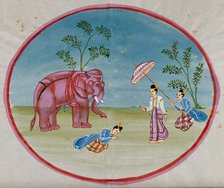 Burma: a lady attended by a servant bringing an elephant and another..., between 1800 and 1899. Creator: Unknown.