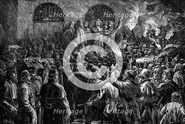 The Irish Land League: Mr. Boyton burning the Duke of Leinster's leases on a "'98 pike"..., 1881. Creator: Unknown.