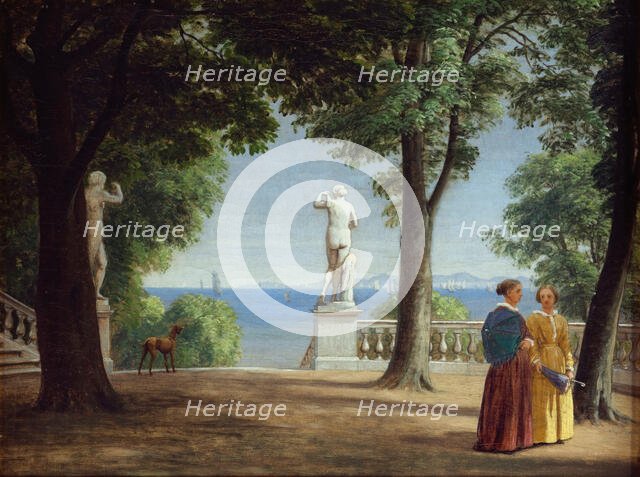 View towards Kullen from a garden terrace with statues (Marienlyst?), n.d., c1840-1870.. Creator: Peter Christian Thamsen Skovgaard.