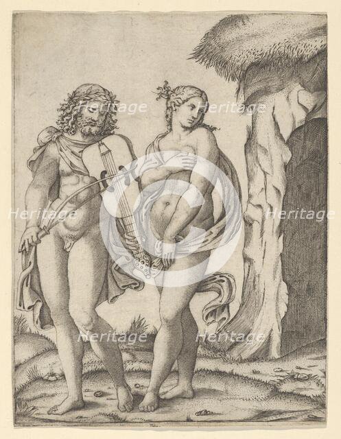 Orpheus standing at left playing the violin, Eurydice at right covering herself , ca. ..., ca. 1509. Creator: Marcantonio Raimondi.