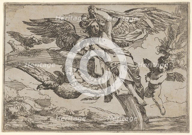 Air, represented by Iris reclining on her rainbow, accompanied by a winged putto bearin..., 1640-60. Creator: Giulio Carpioni.