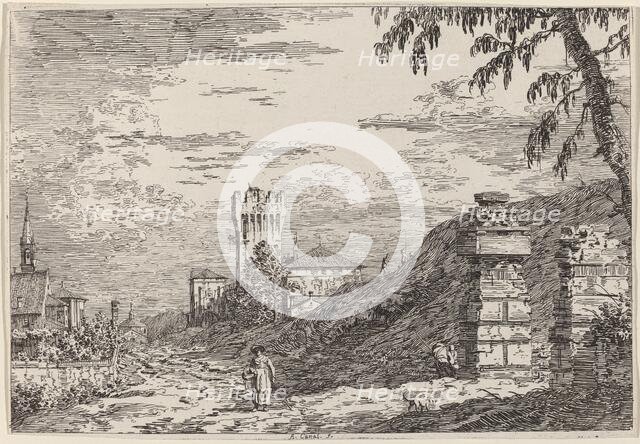 Landscape with Tower and Two Ruined Pillars, c. 1735/1746. Creator: Canaletto.