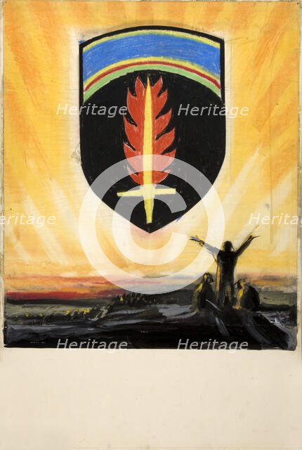 Unity of Strength WWII poster: Shield with flaming sword on golden sky..., between 1939 and 1946. Creators: Central Office of Information, Unknown.