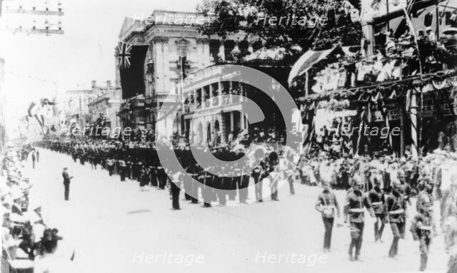 Imperial troops marching down Queen Street, Brisbane, Queensland, 1901. Creator: Unknown.