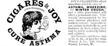 Advertisement for Joy's Cigarettes, 1895. Creator: Unknown.