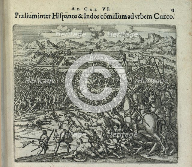 Battle between the Spaniards and the Indians at the gates of Cuzco, 1596. Creator: Bry, Theodor de (1528-1598).