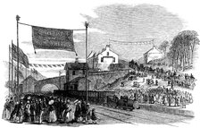 Arrival by rail of the Constable of Cheshire, to Mottram Station in April of 1855, vintage engrav…