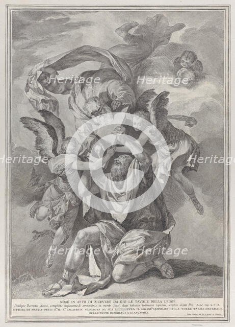 Moses receiving the Tablets of the Law from God who descends from the heavens; from..., ca. 1730-39. Creator: Pietro Monaco.