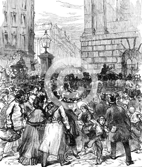 Illness of the Prince of Wales: posting the bulletin at the Mansion House, 1871. Creator: Unknown.