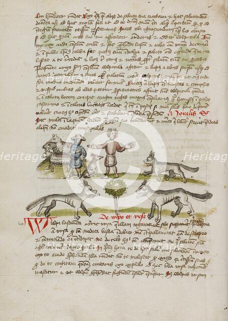 A Shepherd with his Dog and Flock: A Man Chasing Away a Wolf; Fables, third quarter of 15th century. Creator: Unknown.