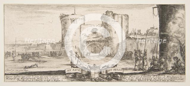 An entrance to a fortress in center, a woman with child seated by a fire to right, sol..., ca. 1641. Creator: Stefano della Bella.