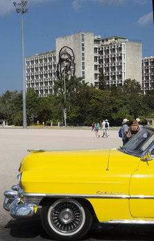 American Cadillac in front of a government building, Plaza de la Revolucion, Havana, Cuba, 2024. Creator: Ethel Davies.