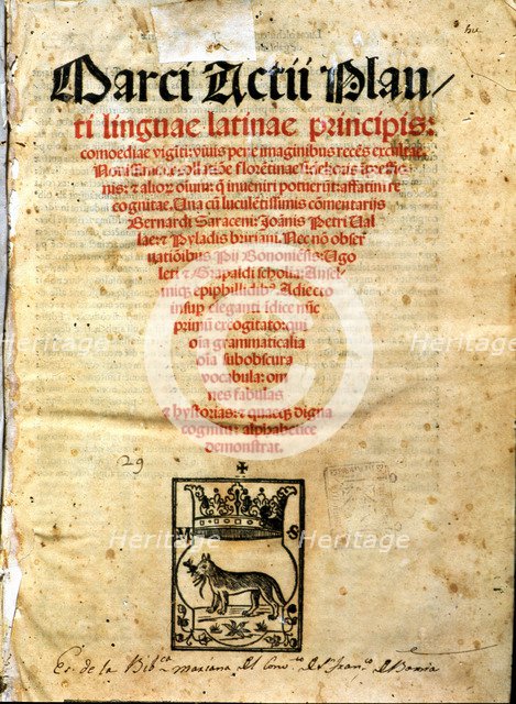 Comedies by Titus Maccio Plauto, cover of the printed edition in 1518.