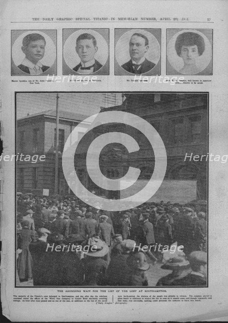 'The Agonising Wait for the List of the Lost at Southampton', April 20, 1912. Creator: Unknown.