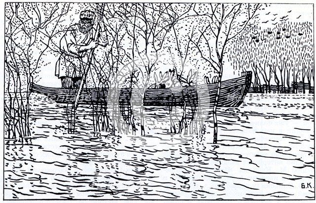 Illustration for the poem Grandfather Mazay and the Hares by N. Nekrasov, 1910. Artist: Kustodiev, Boris Michaylovich (1878-1927)