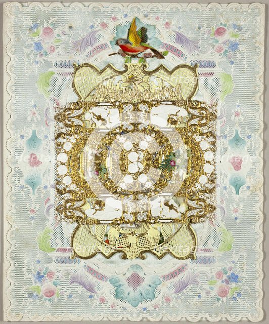 Untitled Valentine (Urn with Bird and Flowers in Wreaths of Gold Flowers), c. 1850. Creator: Unknown.