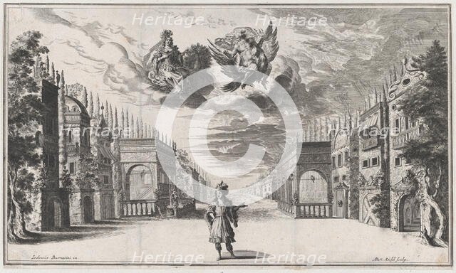 A man stands at center, flanked by rows of buildings; above Jupiter atop an eagle and Juno..., 1668. Creator: Mathäus Küsel.