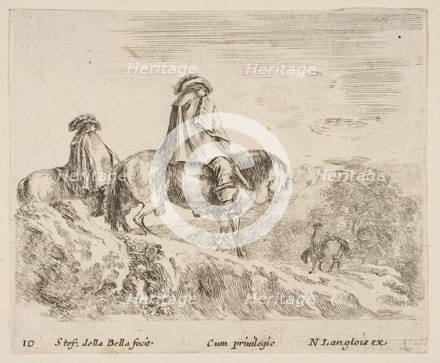 Plate 10: two horsemen descending a mountain at left, another horseman to right in ..., ca. 1644-47. Creator: Stefano della Bella.