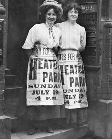 Mabel Capper and Patricia Woodlock advertising a meeting, Manchester, Lancashire, July 1908. Artist: Unknown