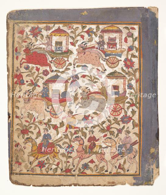 Procession of Carriages Carrying Booty...from a Dispersed Bhagavata Purana Manuscript , c1640-50. Creator: Unknown.