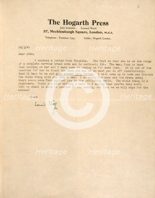 Letter from Leonard Woolf to John Lehmann about Virginia Woolf's illness, 1941. Creator: Leonard Woolf.