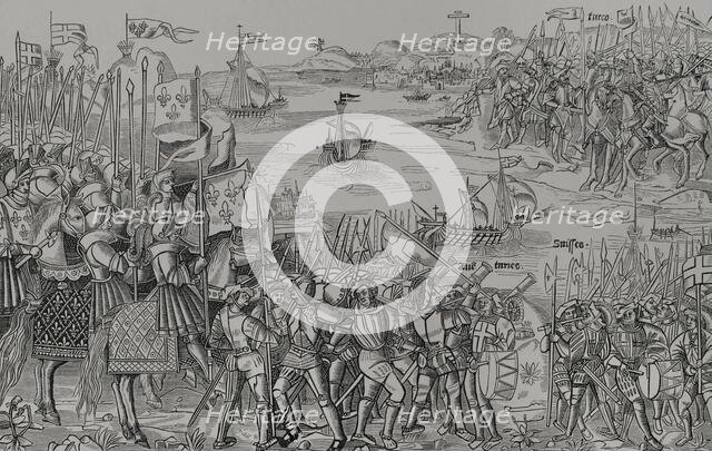 Disembarkation of the Crusaders at Damietta, (Nile Delta) on 5 June 1249, 1522, (1877).  Creator: Unknown.