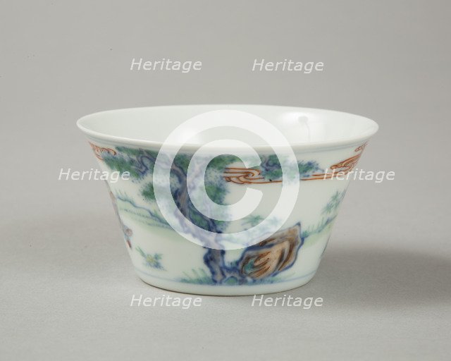 Doucai flared cup with two figures in a landscape, late Kangxi period (1700-1722). Artist: Unknown.