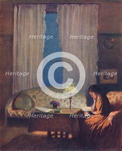 'Reading by Lamplight (Twilight: Interior)', 1909. Artist: George Clausen.