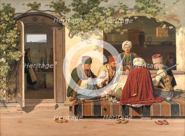 A party of chess players outside a Turkish coffeehouse and barbershop, 1845. Creator: Martinus Rorbye.