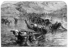 A party of Wuzurees crossing the Indus on water-jars, 1864. Creator: Mason Jackson.